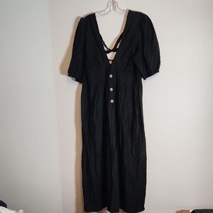ASOS Black Curve Button Through Cris-Cross Back Linen Blend Dress  Sz 14